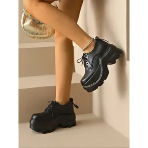 Women's Thick Sole Loafers, British Style Lace-Up Shoes, Spring & Fall Fashion Footwear, New Arrival Casual Women's Shoes