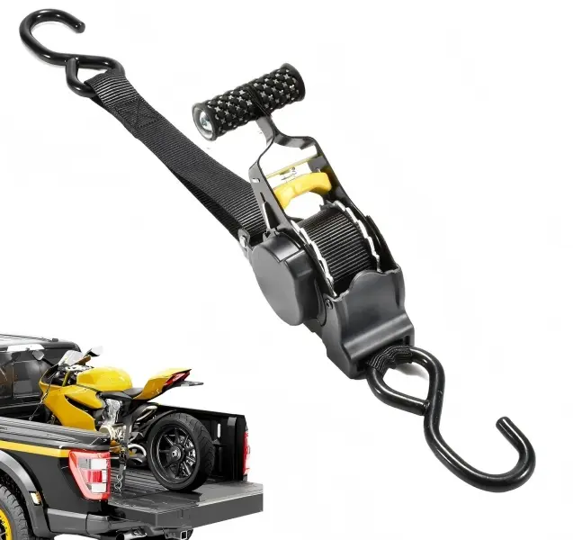 Heavy Duty Retractable Ratchet Tie Down Strap | 1in x 11ft Self Retracting Ratchet Strap with S Hooks for Truck Trailer ATV Motorcycle Cargo Securement