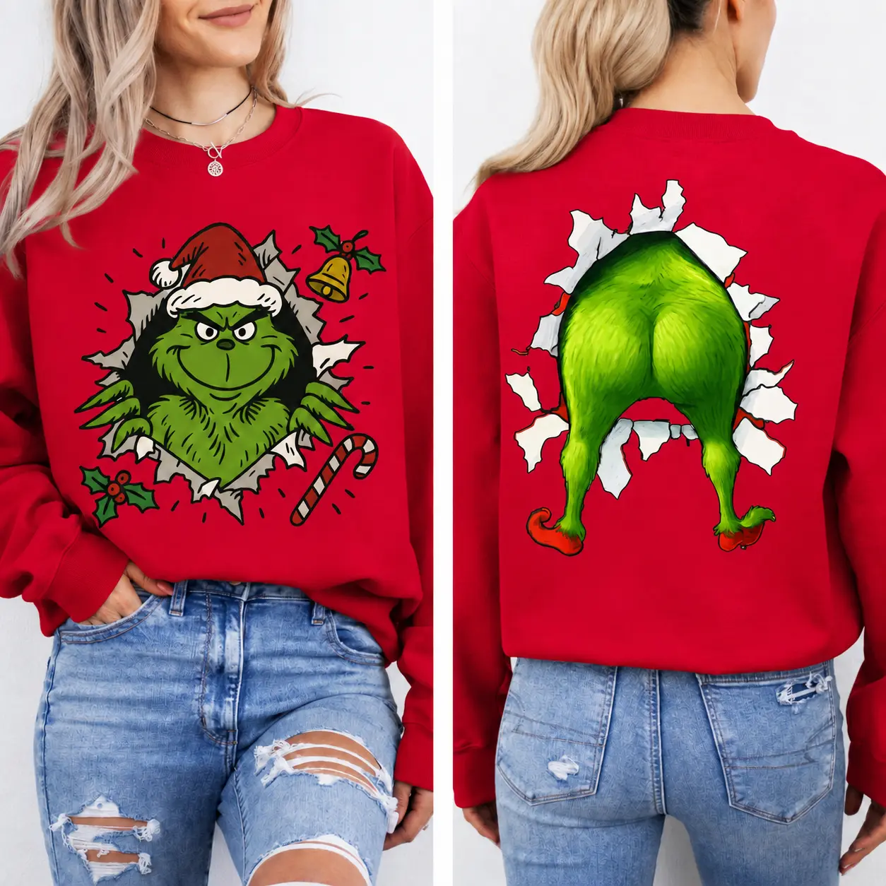 Funny Green Christmas Character Sweatshirt for Women, Front and Back Holiday Graphic Crewneck, Mischievous Santa Monster Pullover, Cute Christmas Outfit, Winter Gift