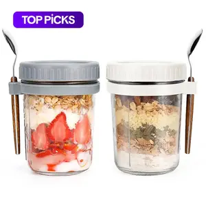 350 ml / 12 oz Glass Storage Jar with Lid & Spoon, 2 Pcs Portable Overnight Oats Breakfast Cups, Airtight Container Set, Sealed Container Set, Food Storage Containers for Home, Kitchen, Office, School and Dormitory Picnic, Glass Kitchen Canisters