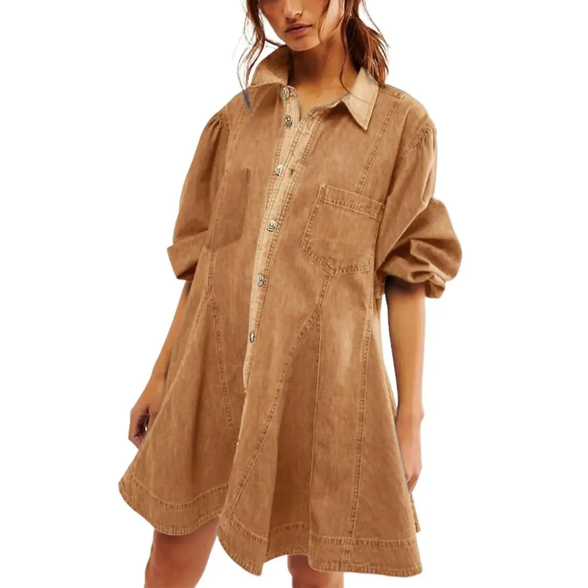CHOUTATOU Womens Long Sleeve Button Down Denim Dress A Line Swing Ruffle Midi Jean Dress with Pockets