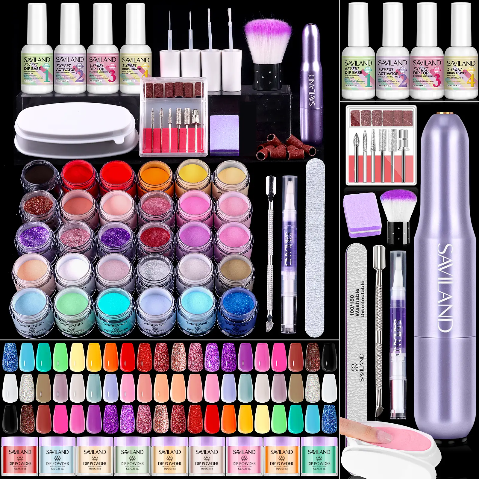 Saviland Dip Powder Nail Kit Starter Set with Drill - 30-Color Keratin Dip Nails Powder Professional with Dipping Powder Liquid Set Activator Base Top Coat Cuticle Oil for DIY Manicure Nail Art
