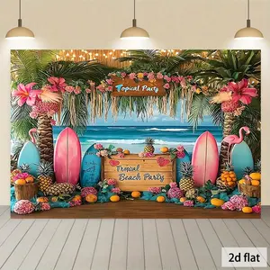 1pc Tropical Beach Party Banner - Hawaiian Tropical Paradise Decoration with Palm Trees, Flamingos, Surfboards - Turquoise Ocean Backdrop for Birthday, Luau, Poolside, Home Decor - Lightweight Polyester Fabric Han