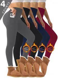 4-Piece Women's High-Waisted Fleece-Lined Leggings with Pockets for Fitness Running Outdoor Sports Pants Slimming Tummy Control Yoga Trousers