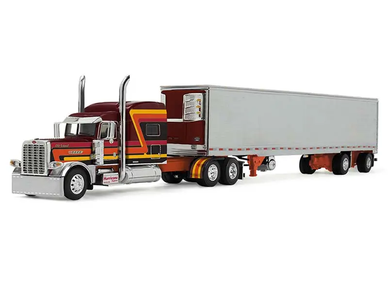 Peterbilt Model 389 Pride-N-Class - Maroon w/ Orange Yellow and Red Stripes Hauling Refrigerated (Hurricane Express) Diecast 1:64 Scale Model - DCP 69-2073