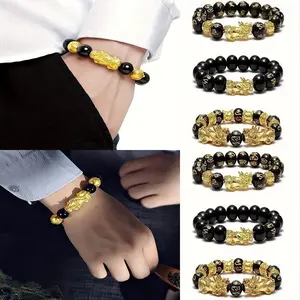 6PCS Feng Shui Lucky Pixiu Charm Bracelets - Natural Stone Elastic Bands Bracelets, Stackable Sports Wristbands for Men, Black Bracelet Resin Bangle Set