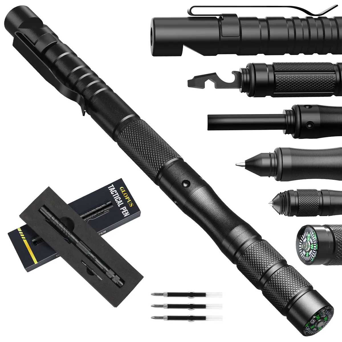 9-in-1 Tactical Pen, Portable, Durable, Emergency Preparedness, Survival Tools, Survival Gear, Survival Equipment, Gifts for Men Dad, Cool Gadgets for Men, Screwdriver Multi-Tool, Multifunctional Tool, Compass, Bottle Opener, Whistle, Ink Refills
