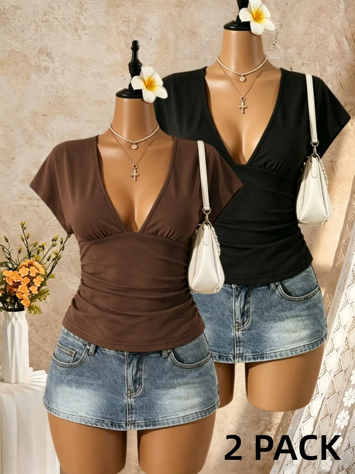 Women's Two-Piece Deep V-Neck Waist-Cinch Pleated Short Sleeve Top, Summer Slim Fit Casual T-Shirt, Comfortable and Stylish
