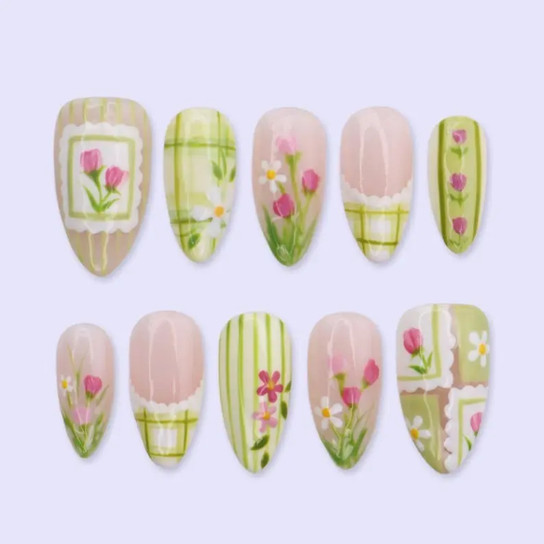 Green Floral Press On Nails With Plaid Tulip And Cottagecore Garden Details