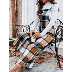 Women's Autumn/Winter British Plaid Suspender Pants, Suspender Design, 7/8 Length Jumpsuit, Fashion Versatile For Daily Wear.