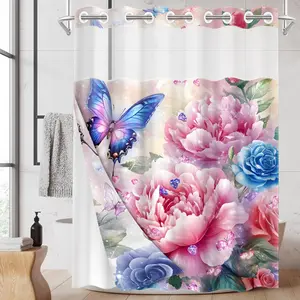 1PC/4PCS 2D Flat Printing Pink Blue Peony Flowers Butterflies Patterned Removable shower curtain, bathroom decor, shower curtain set with 12 hooks, non-slip bathroom rug, U-shaped toilet seat cover, toilet seat mat, Bathroom Decoration Accessories