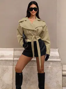 Boutique Women Fitted Cropped Trench Coat Jacket with Adjustable Belt, Womenswear Long Sleeves Wrap Style Short Trench Outerwear, Lightweight Windbreaker Coat for Fall Winter Street Fashion, Chic Modern Casual Outerwear for Daily Wear, Trendy Outerwear