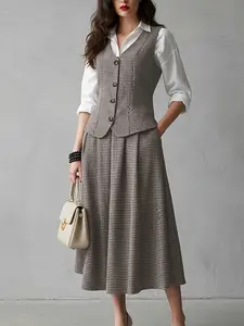 Women's Casual Vest Top with Skirt, Elegant Two-Piece Set Outfit for Commuting, Slim-Fitting Zipper Design, All over Print Fashion Style, Womenswear, Apparel, Fitted