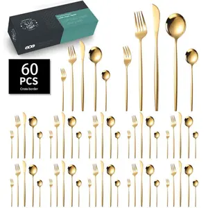 48/60 PCS Stainless Steel Cutlery Set, Gold Titanium Plated Flatware Set for 8-10, Kitchen, Party, Wedding Use