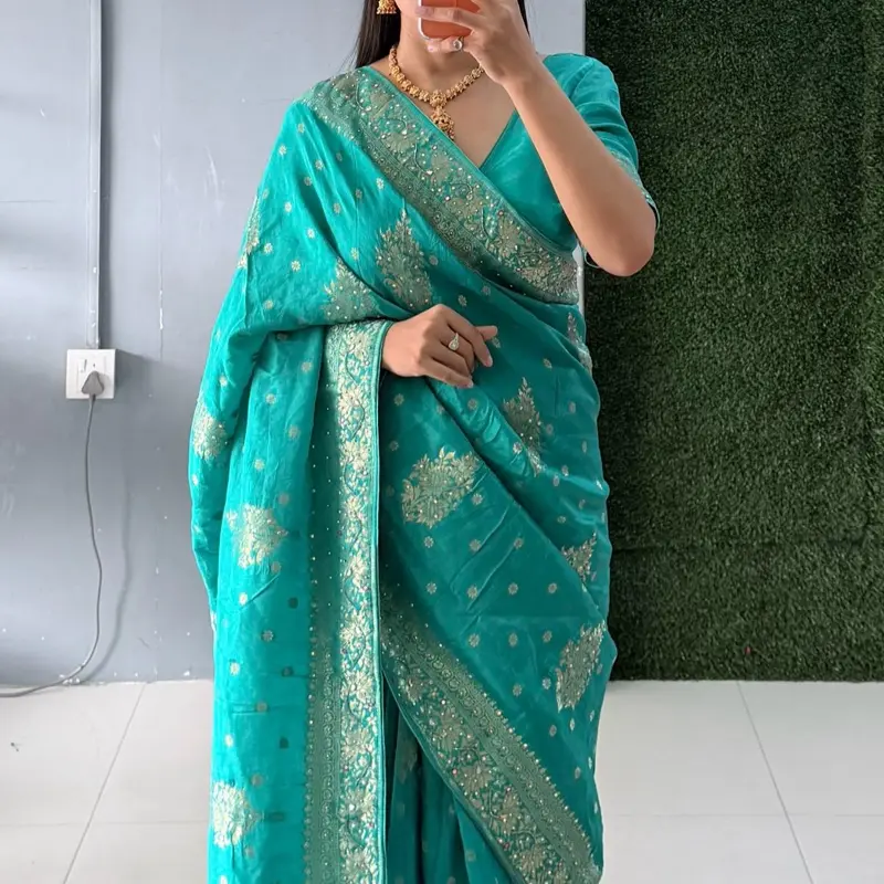 Women's Readymade Silk-Blend Banarsi Saree with Matching Blouse