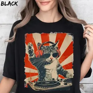 FEEGO DJ Cat Comfort Colors Shirt,Cool Cat Shirt,Funny Cat Tee,Cat with Headphones Shirt,Cat Lovers Gift,Trendy Graphic Shirt,Music Lover Shirt