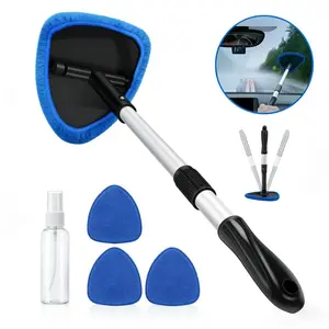 Playful Tiny Shop Windshield Cleaner Kit, Adjustable Extendable Handle, 4 Reusable Washable Microfiber Pads, Streak-Free Microfiber Cloth, Car Cleaning Supplies, Auto Detailing Supplies