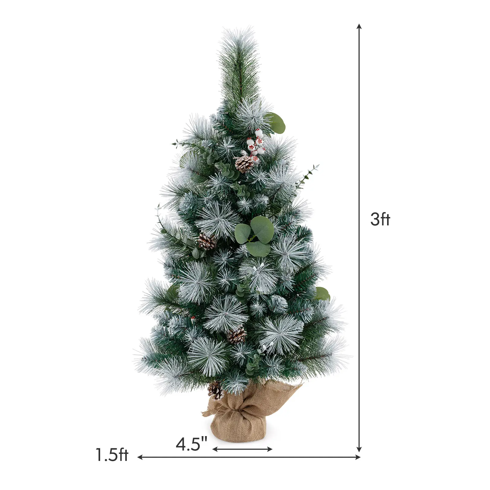 COSTWAY - 3 FT Pre-Lit Artificial Mini Christmas Tree with 98 Flocked PVC and Pine Needles