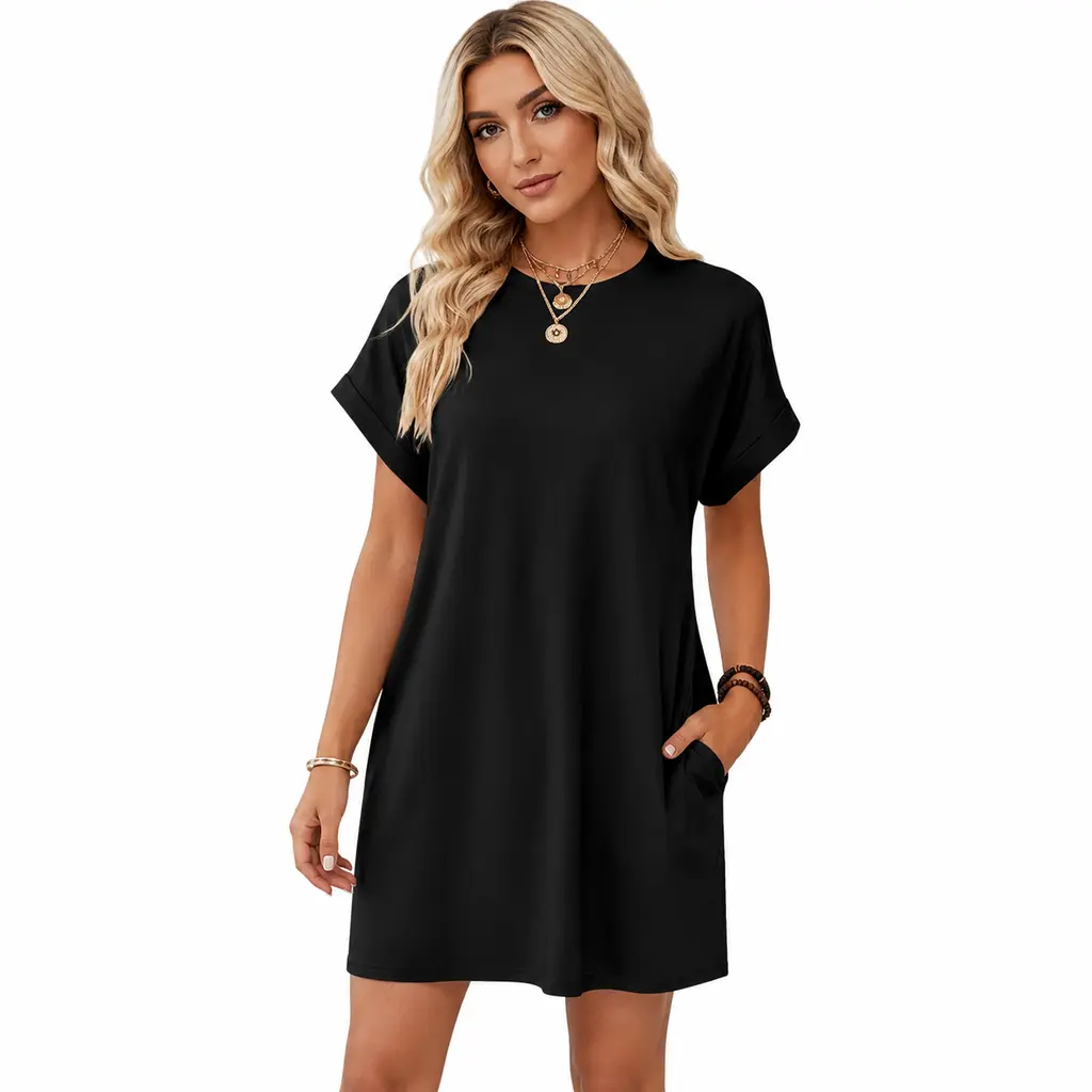 JointlyCreating Women's Casual Short-Sleeve Wrinkle-Resistant Pocket Shift T-Shirt Dress, Above-Knee Length, Womenswear