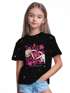 Digital printed short-sleeved T-shirts, Graphic Print Tee, for girls with a black background, pink ripples. Made of 100% polyester, summer fashion items for girls, casual children's clothing
