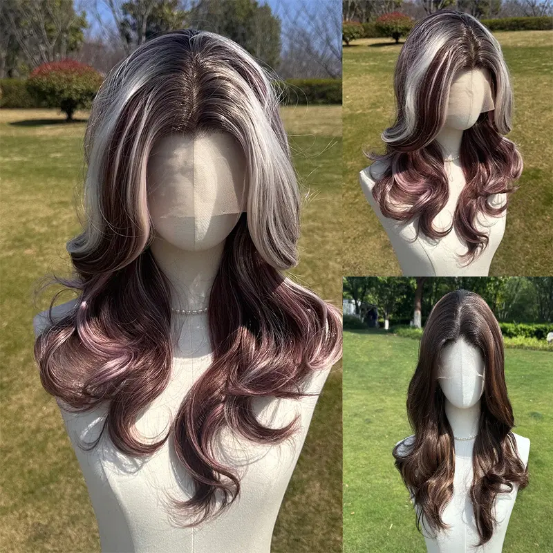 SMILCO 22Inch 13*4  Mixed Burgundy & Silver Blonde Highlights  Free Part Long Wavy Layer Cutted Glueless Natural Hairline 100% Futural Fiber Synthetic Lace Front Wig SM9682M