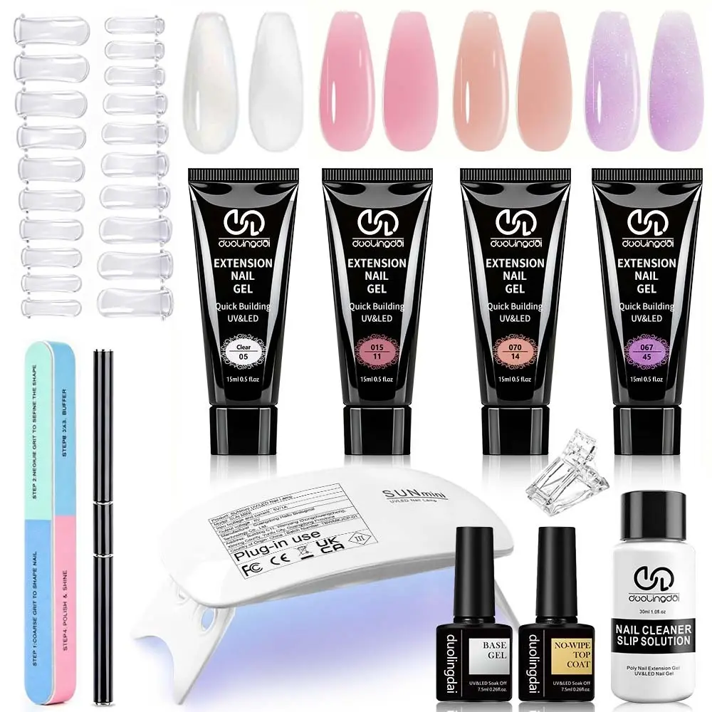 Duolingdai Polymer Nail Gel Kit, 4 Nude and Clear Colors, Quick Build Gel with UV Lamp, Base and Top Coat, Natural Look Extension, Perfect Gift, Poly Gel Nail Kit Complete, Polygel Nail Kit