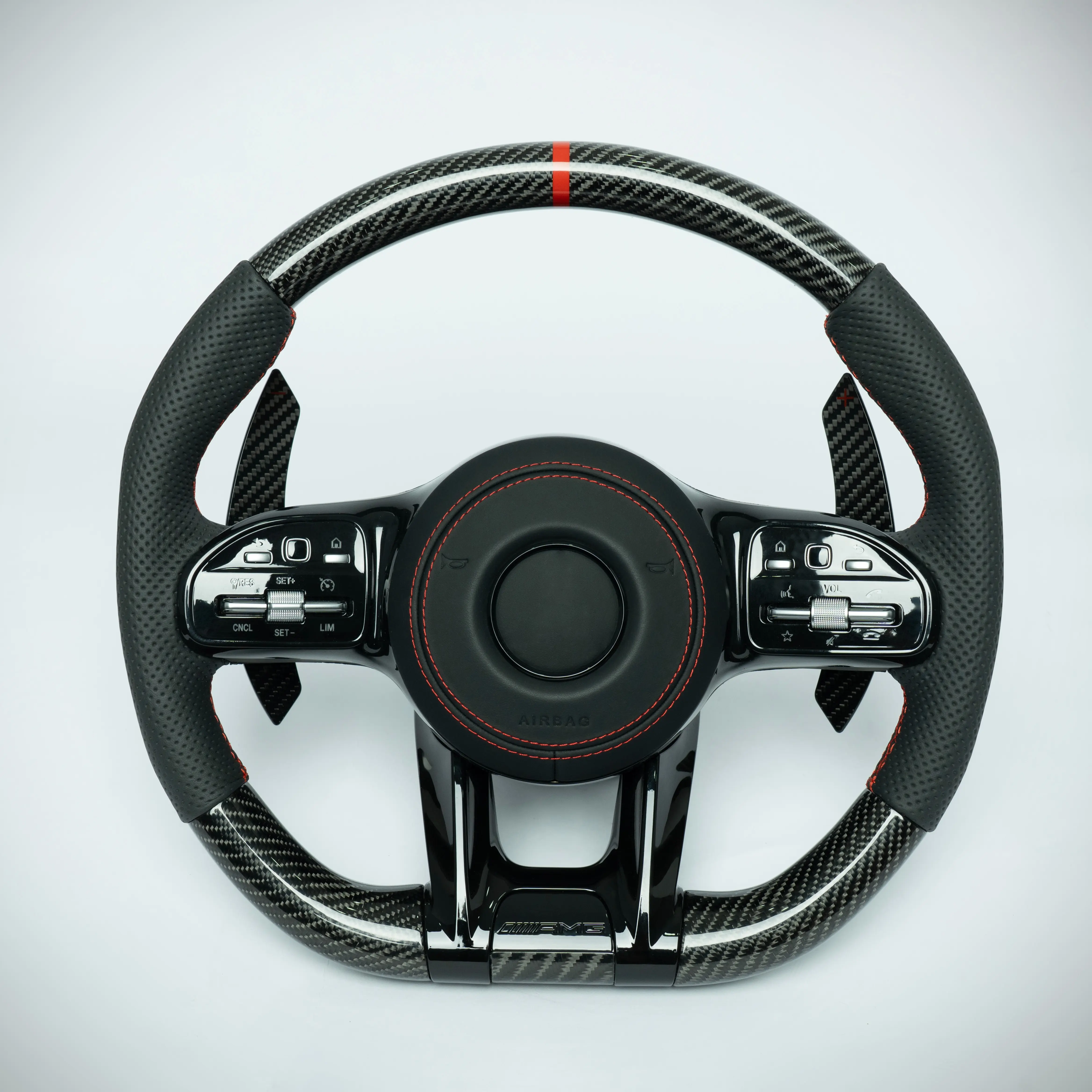 Mercedes Benz 2012-2018 c/e/s/glk/gle/gl,2019-2025 c/e/s/gle/gls carbon fiber steering wheel with red marker and red stiching on perforated leather grip