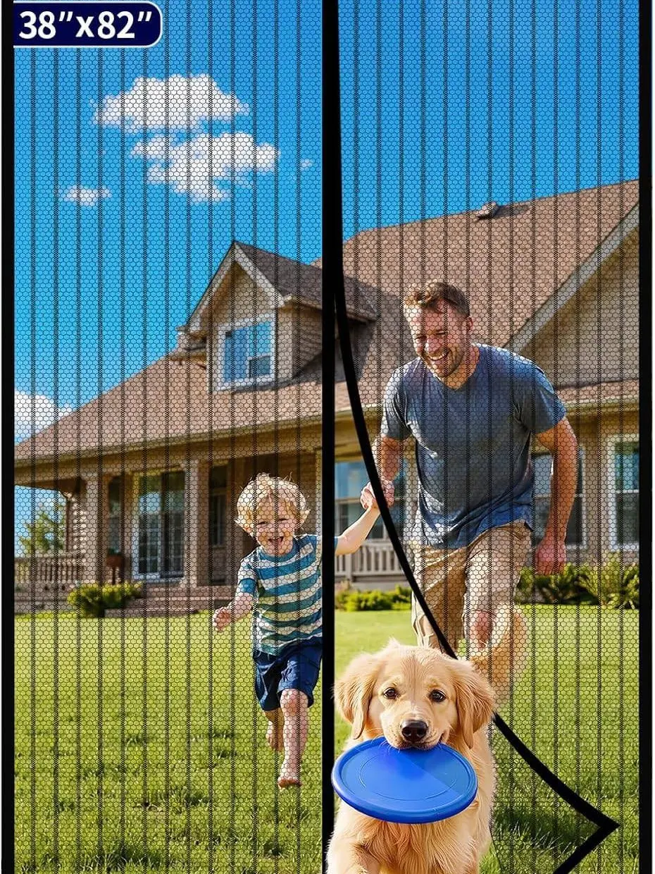Magnetic Screen Door - 38.0'' x 82.0'' Retractable Screen Door Mesh for Entry Door or Sliding Door, Pet & Kid Friendly, Hands-Free Closure Keeps Bugs Out & Lets Breeze in, Stripe Black