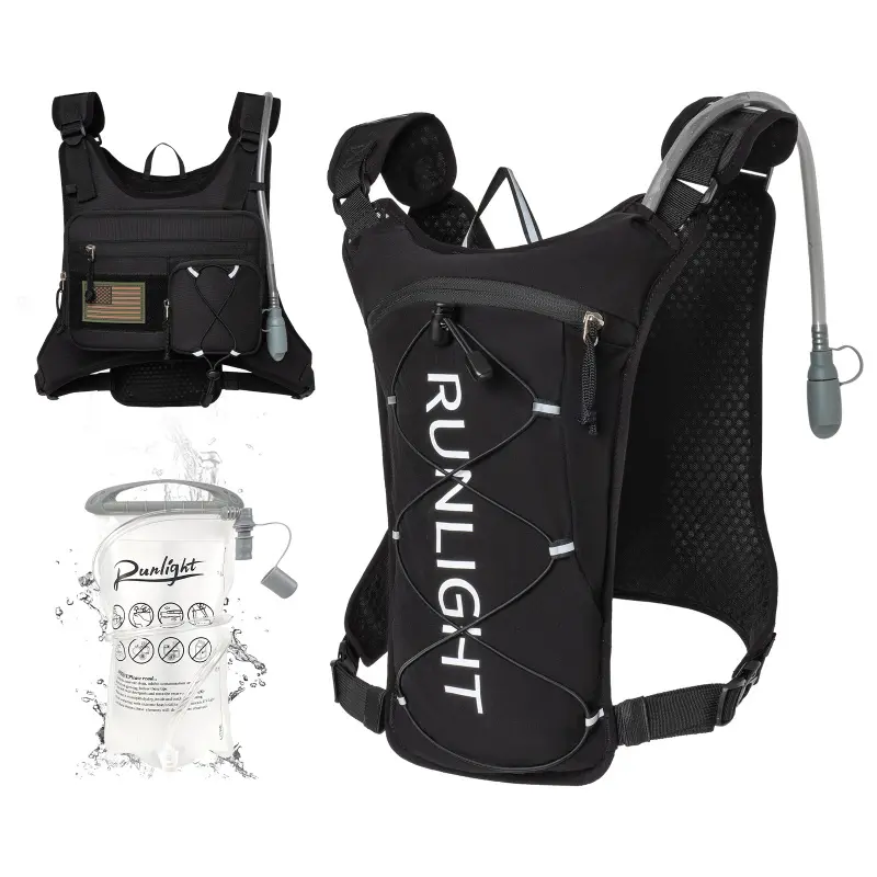 Outdoor Tactical Hydration Vest, American Flag Logo, Sport Running & Hiking, Water Bladder Storage + Tactical Pockets, Both Function and Appearance