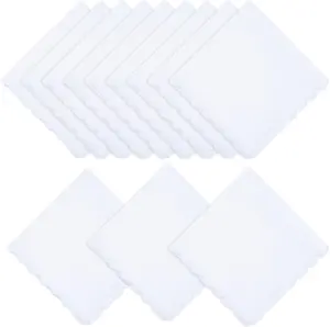 12 count White  Handkerchiefs for Women 11.8"x11.8" Pocket Hankies Scalloped Square Towel for Wedding Party  Favor