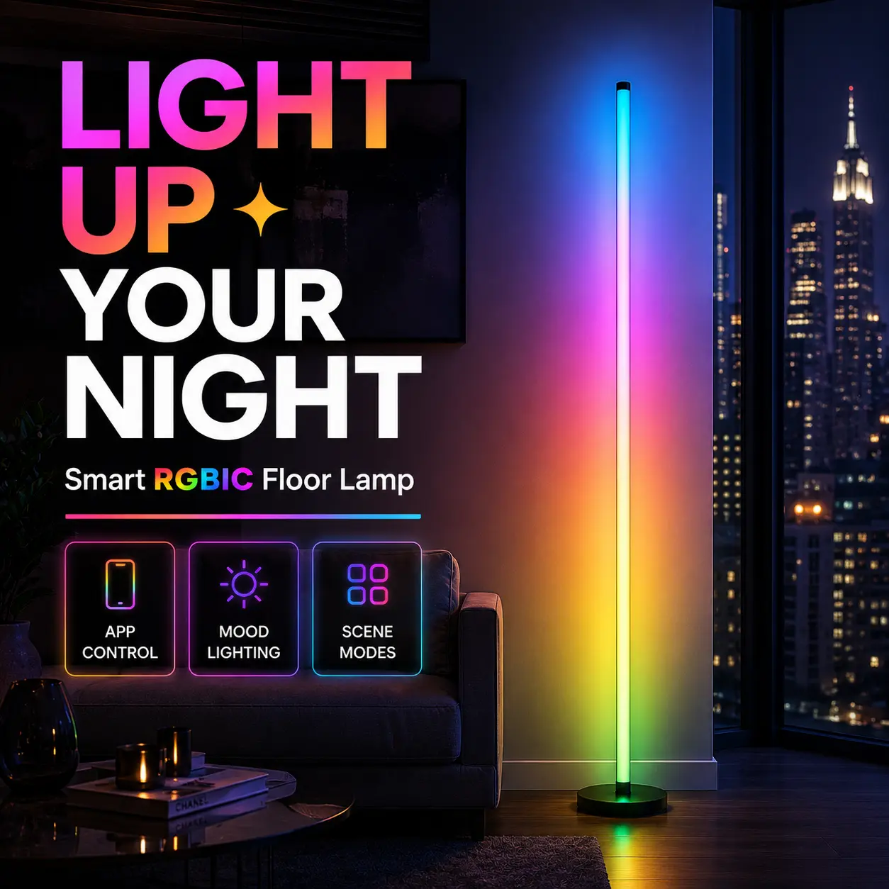 Smart RGBIC LED Floor Lamp with Music Sync, App and Remote Control Color Changing Corner Light for Halloween, Christmas, Parties, Bedroom and Holiday Home Decor