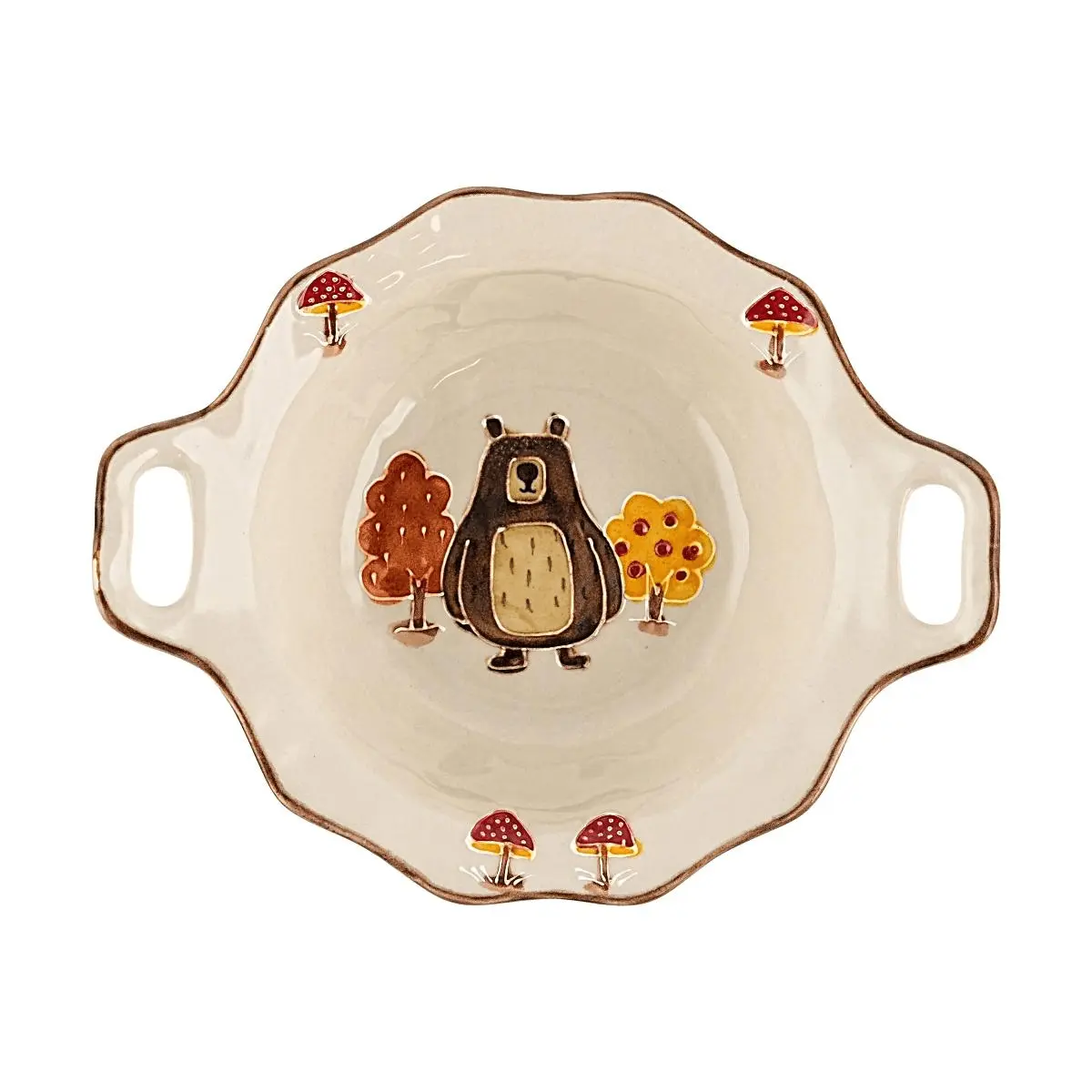 GLAZE STORY Bear Forest Ceramic Double Handle Bowl - 8.75" Large Soup Bowl for Home Kitchen Dining, Cute Cartoon Design
