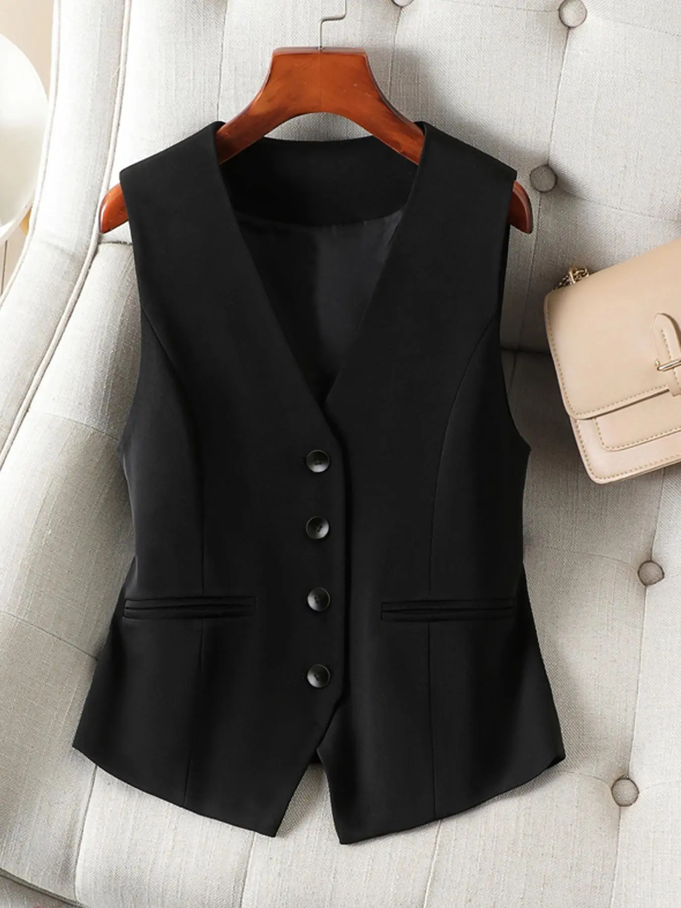 Women's Solid Button Front Vest, Elegant Formal Workwear V Neck Sleeveless Waistcoat for Work Office Business, Ladies Spring & Fall Clothes, Business Attire Clothes