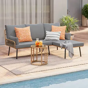 Gizoon 3 Pieces Outdoor Patio Furniture Set All-Weather PE Wicker L-Shaped Conversation Sofa with Thick Cushions & Glass Table for Backyard Porch Balcony Poolside