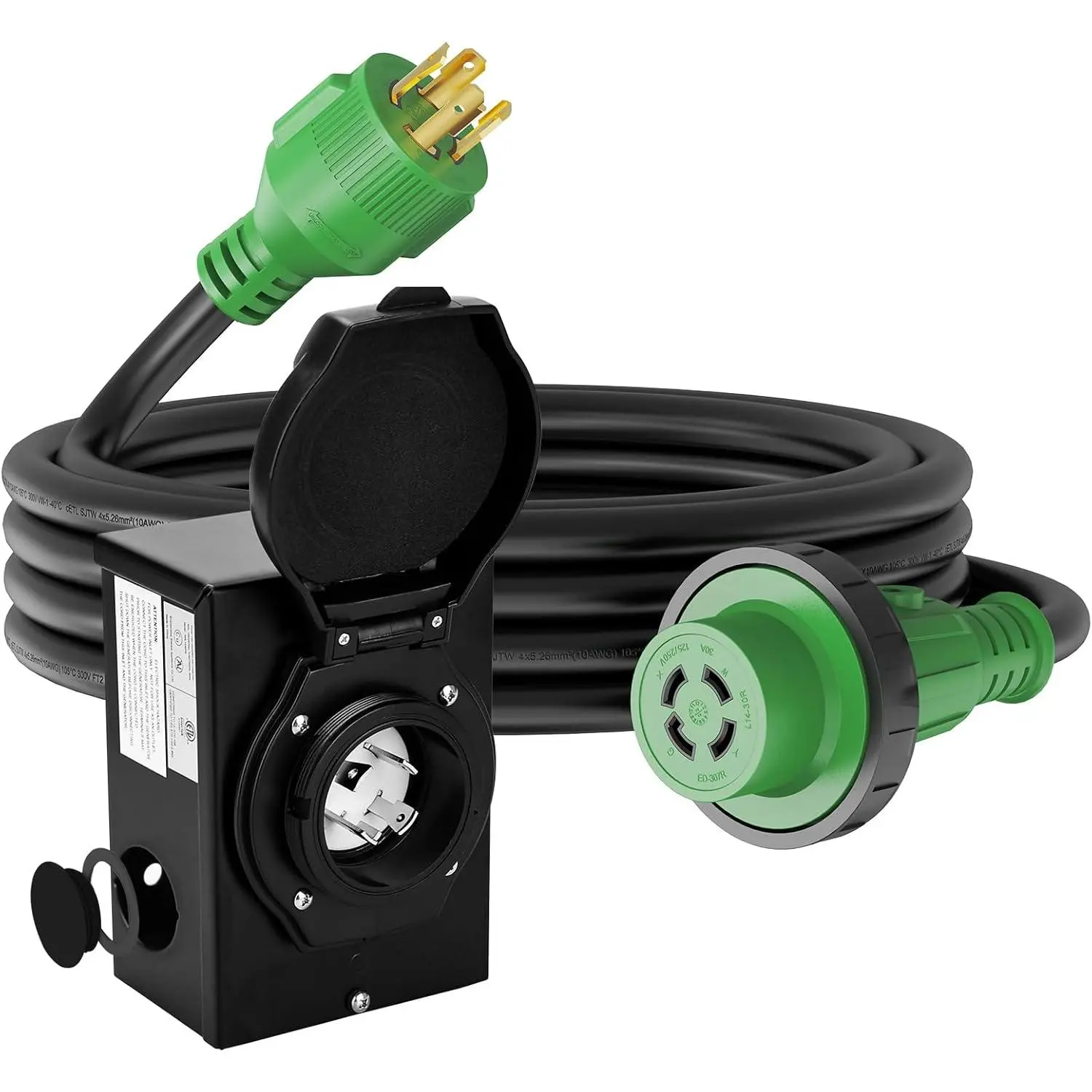 Emergency Power Combo Kit, 25 Foot 30 Amp Generator Cord and Power Inlet Box, NEMA L14-30P to L14-30R Generator Cord with NEMA L14-30P Pre-Drilled Generator Inlet Box, ETL Listed