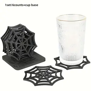 Halloween Wooden Spider Web Coasters Set, Creative Hollow Desktop Decorations, Gothic Home Decoration, Party Table Accessories, Aesthetic