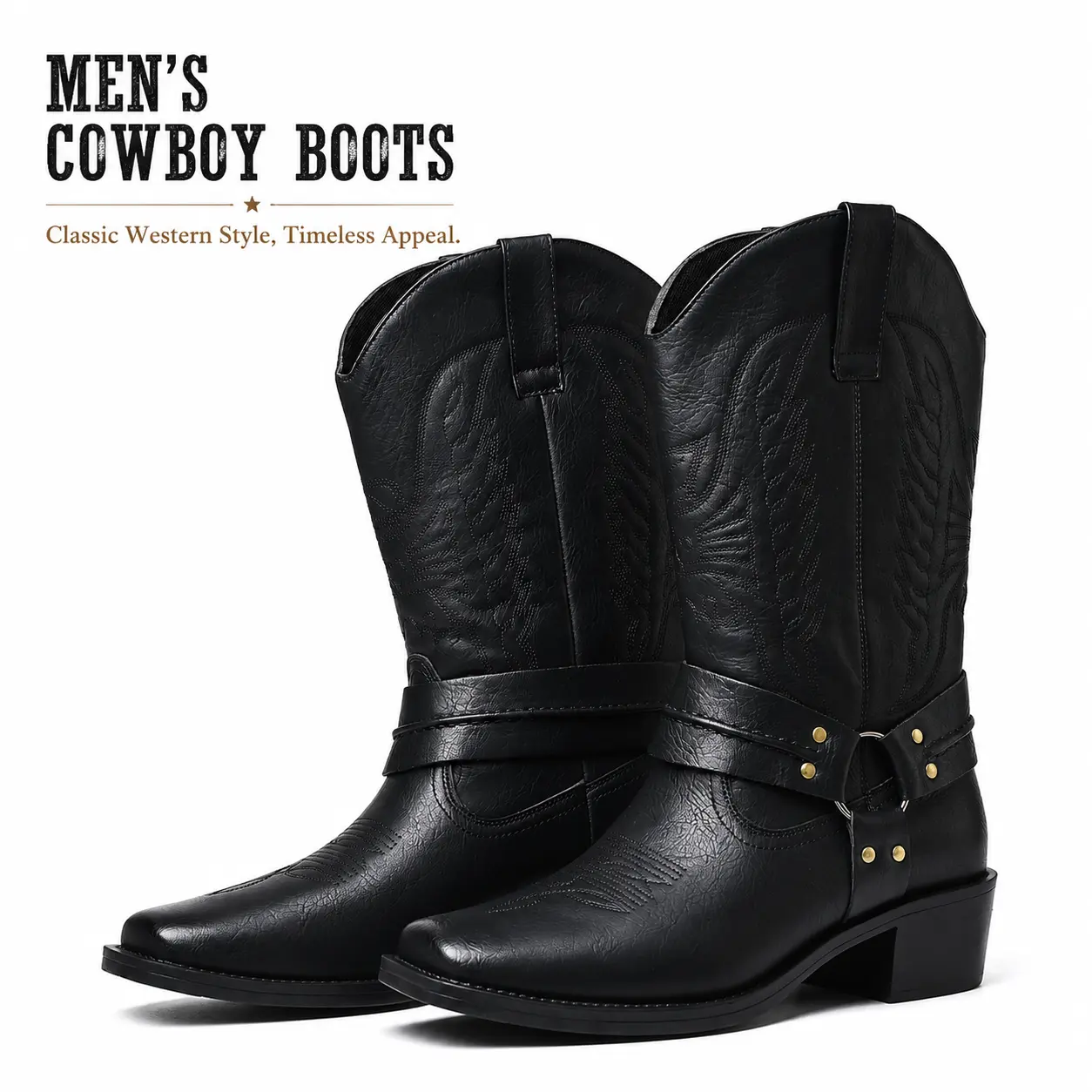 Men's Cowboy Boots Western Style Fashion Boots with Classic Leather Look and Comfortable Heel, Footwear, Chic, Walking Shoes, Western Ootd, Slip On