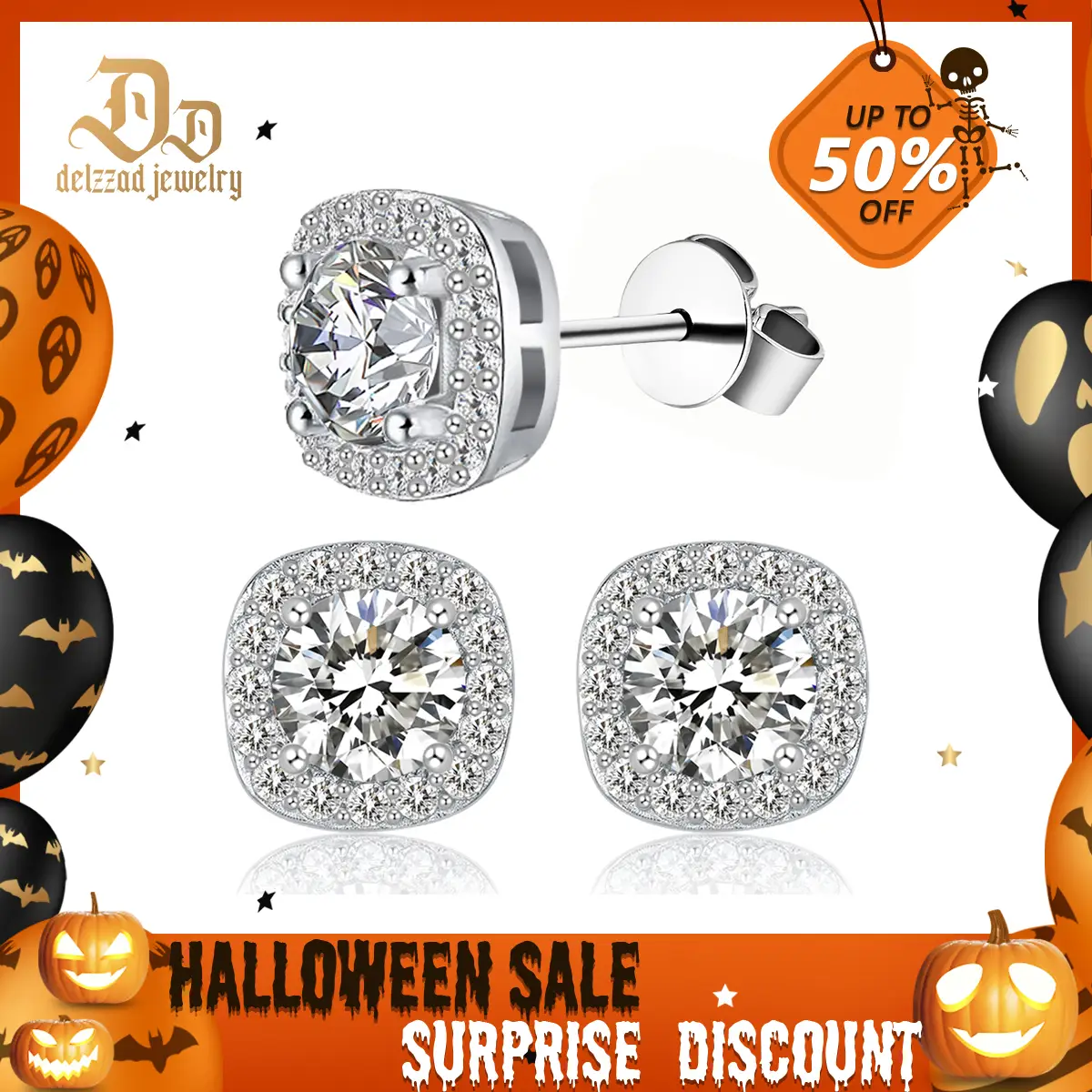 Delzzad Halo Square Lab-Created Moissanite Stud Earring S925 Sterling Silver Moissanite Jewelry Perfect Birthday Mother’s Day Unisex Gift for Men Wome