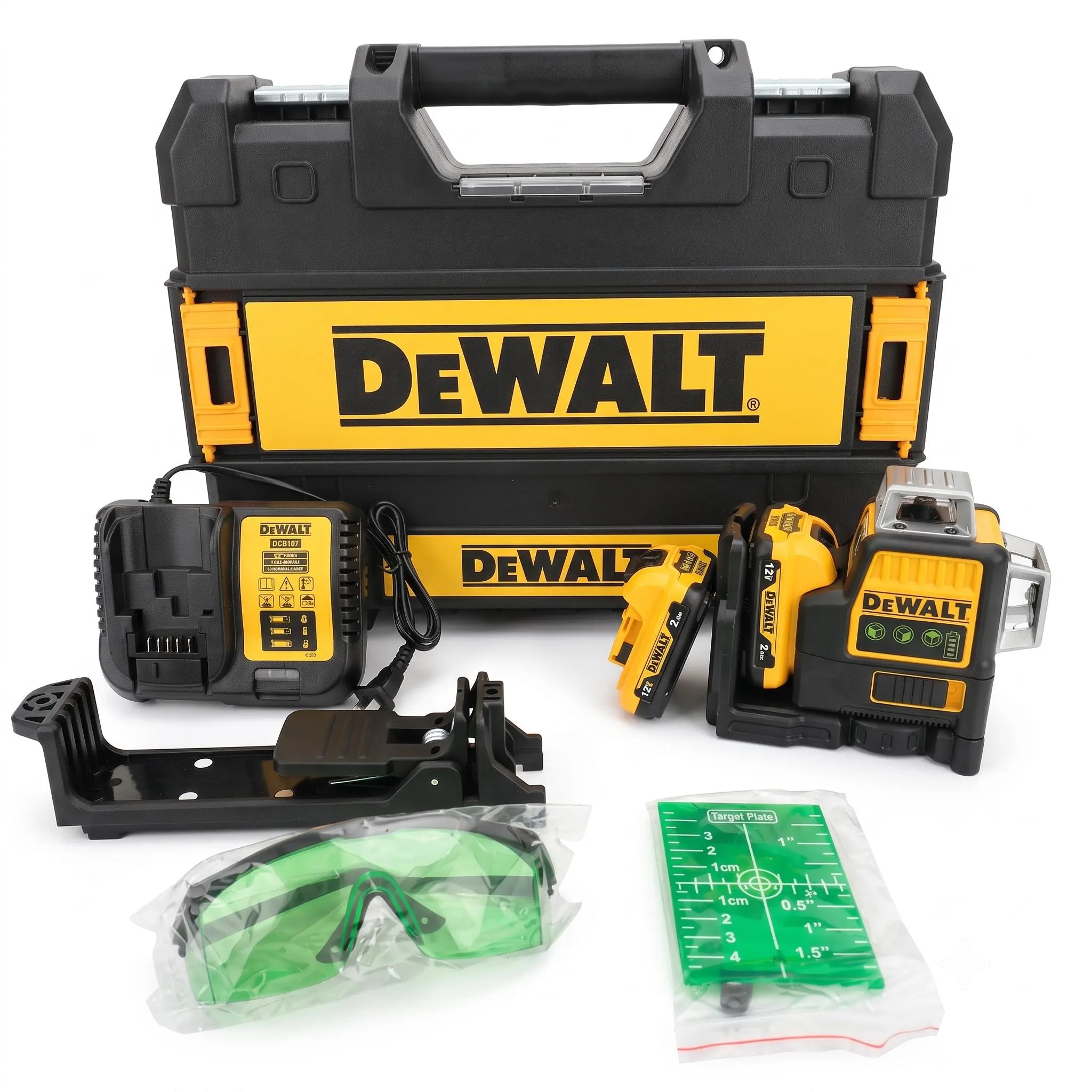 DEWALT DW089 3×360° 12-line 360-degree vertical Green Beam 3-side Laser Level Self-Leveling Tool Kit With 12V 6.0Ah Battery, Fast Charger, Magnetic Bracket & Hard Storage Case For Construction Tile DIY Layout, 360° Levels, Layout/Tile
