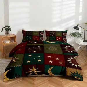 3pcs Fabric Patchwork Sun Moon Print Bedding Set, Includes 1 Duvet Cover and 2 Pillowcases, Gothic Style Double-Sided Digital Print, Unique Gift Idea for Holidays, Perfect for Bedroom Home Decor