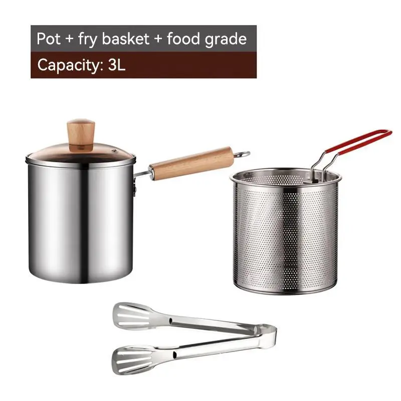 Sturdy Portable Stainless Steel Home Deep Fryer Pot - Food Grade, Heat-Resistant, Heatproof Home Style Cooking Pot with Mesh Basket, Wooden Handle, Glass Cover for Frying, Boiling,familyfun