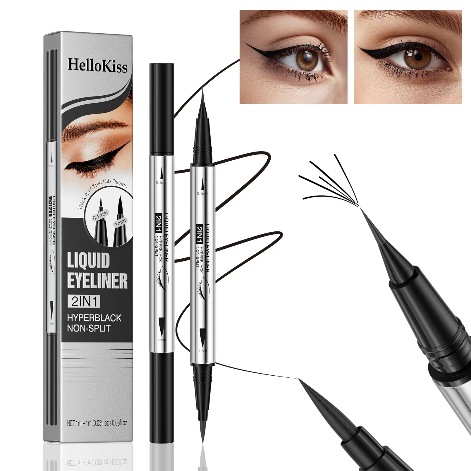 Waterproof Liquid Eyeliner Pen, Dual-Tip Black Eye Liner for Natural Lines and Bold Winged Looks, Smudge-Resistant Quick-Dry Formula for Everyday Makeup.