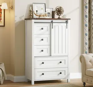 Dresser, 5 Drawers Dresser for Bedroom with Sliding Barn Door, Adjustable Shelf, Farmhouse Tall Chest of Drawer, Storage Organizer Dresser for Hallway, Living Room, White