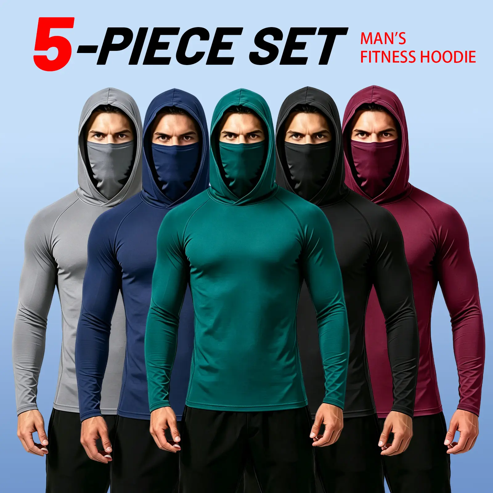 Men's 5-Piece Plain Polyester Casual Hoodie Pullovers with Built-in Mask, Compression Slim Fit Long Sleeve, Lightweight UPF Sun Protection, Soft Breathable, All Seasons, Machine Washable for Fishing, Gym, Stylish Menswear Tops (Blue, Black, Gray) backtosc