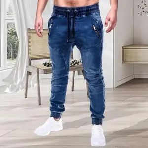 Men's blue leg tied jeans, drawstring elastic waist, zippered pocket design, slim fit and stylish, easy to handle with a sporty and casual style