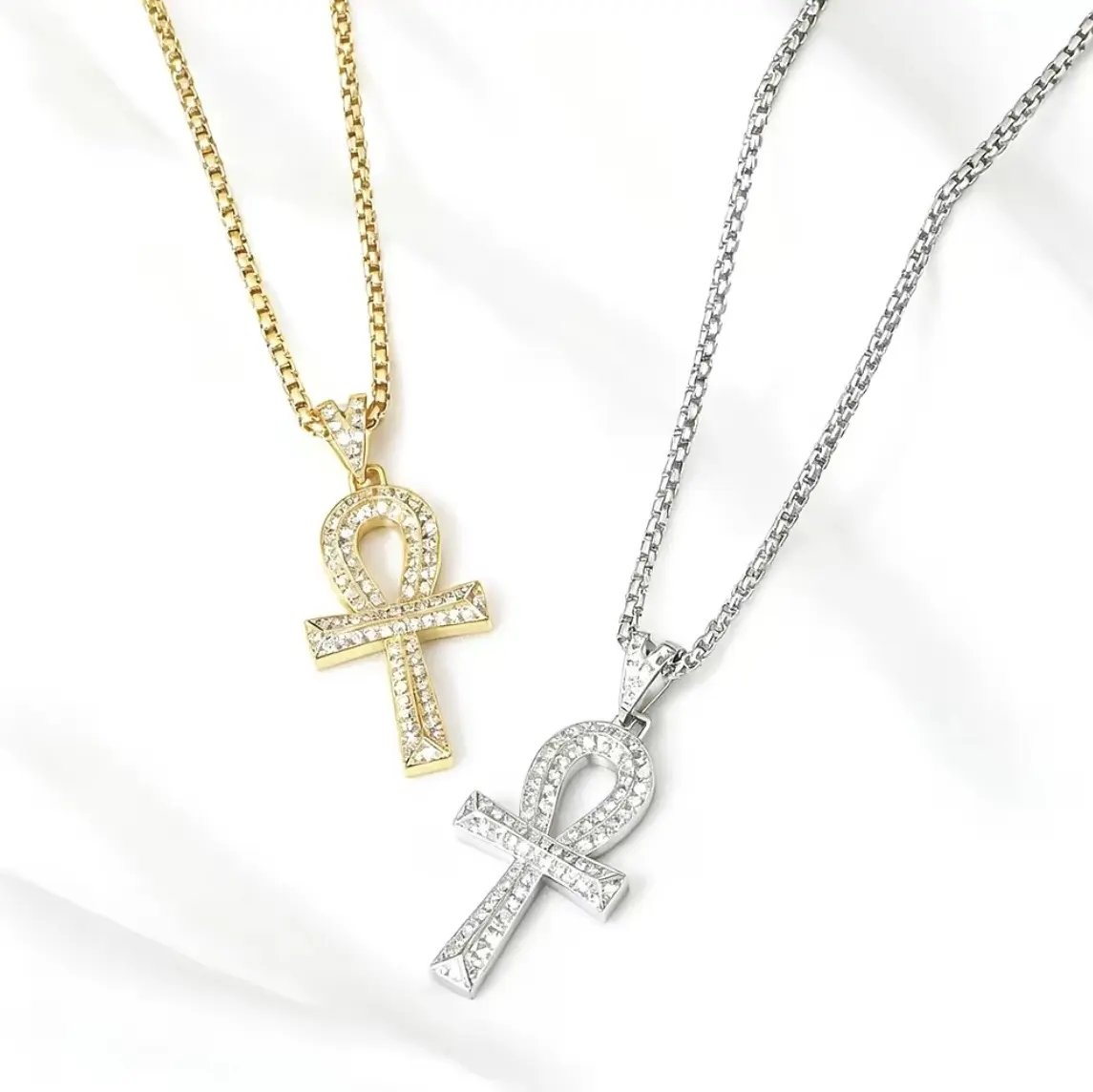 30mm Iced Out Full Zircon Ankh Cross Necklace - Unisex Hip Hop Fashion Chain Costume Jewelry for Stage Outfits, Anniversary, Daily Wear