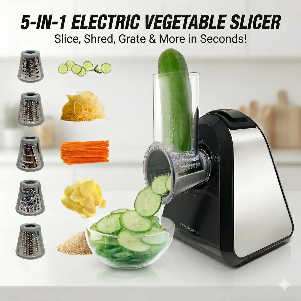 5-in-1 Electric Vegetable Chopper & Automatic Salad Maker /  Cheese Grater Potatoes Nuts / Kitchen Prep Slicer Shredder Tool
