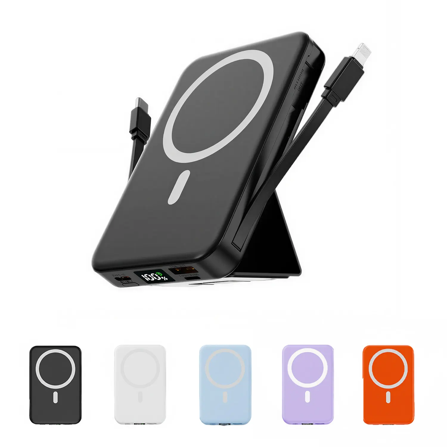 10000mAh MagSafe Magnetic Portable Chargeable Power Bank - 22.5W PD Fast Charging, Built-in USB-C/Lightning Cables, LED Display Stand Holder, Mobile Phone Accessories for iPhone 17/16/15/14/13/12 & Android Smartphones