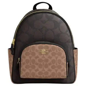 COACH Court 28 Color-Blocked Classic Logo Faux Leather Backpack for Women in Walnut and Tan