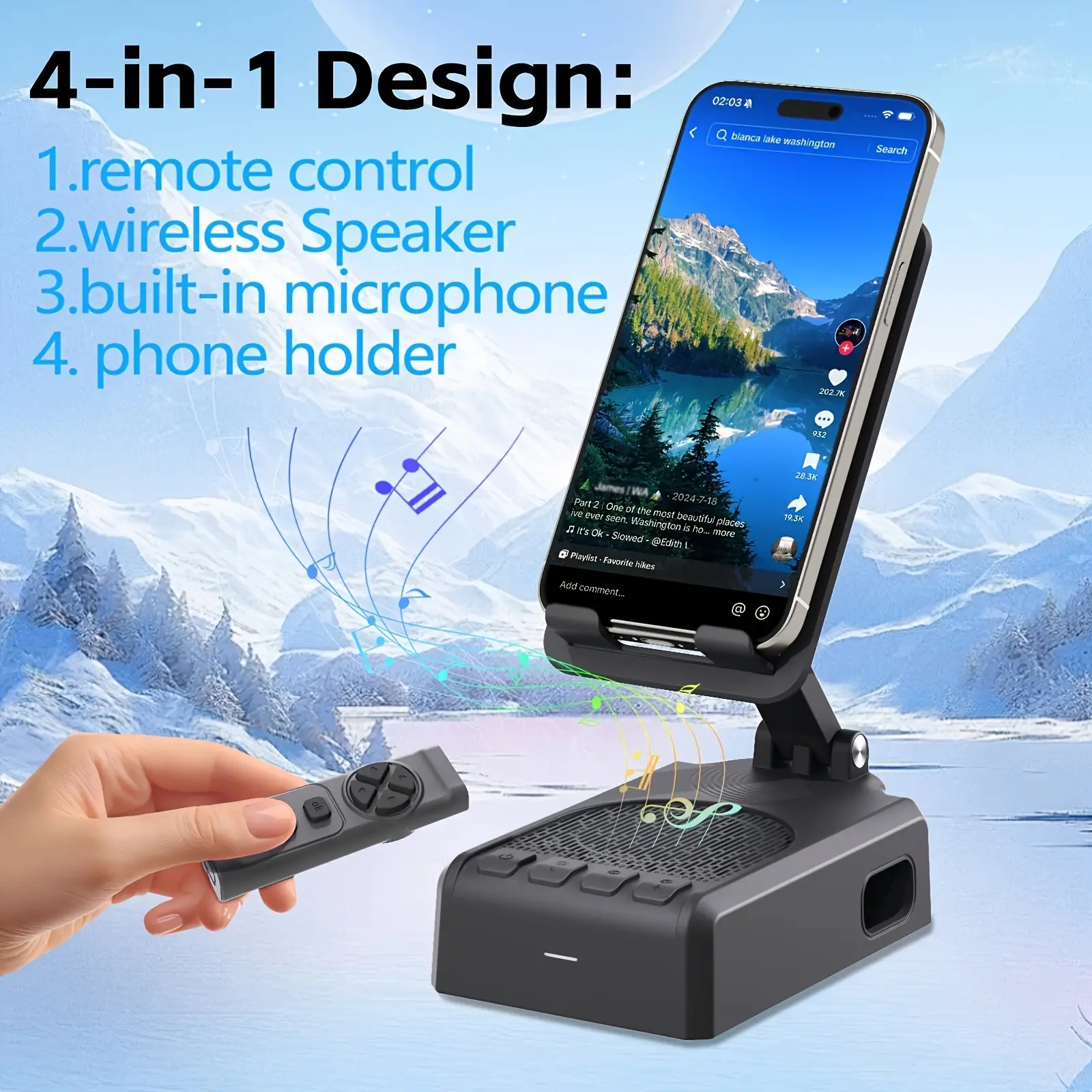4-in-1 Adjustable Portable Phone Stand With Wireless Speaker, Audio-Enhanced for Mobile Device Use